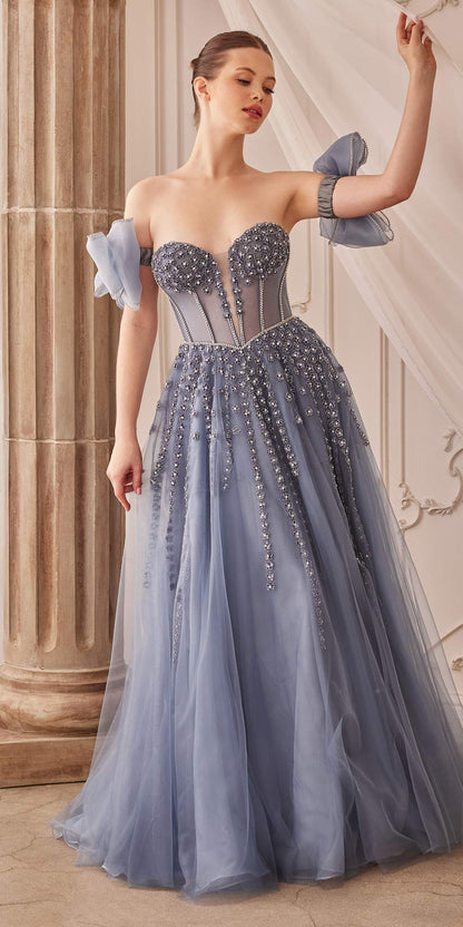 Andrea &amp; Leo A1338 Long Strapless Beaded Gown with Bow Arm Bands
