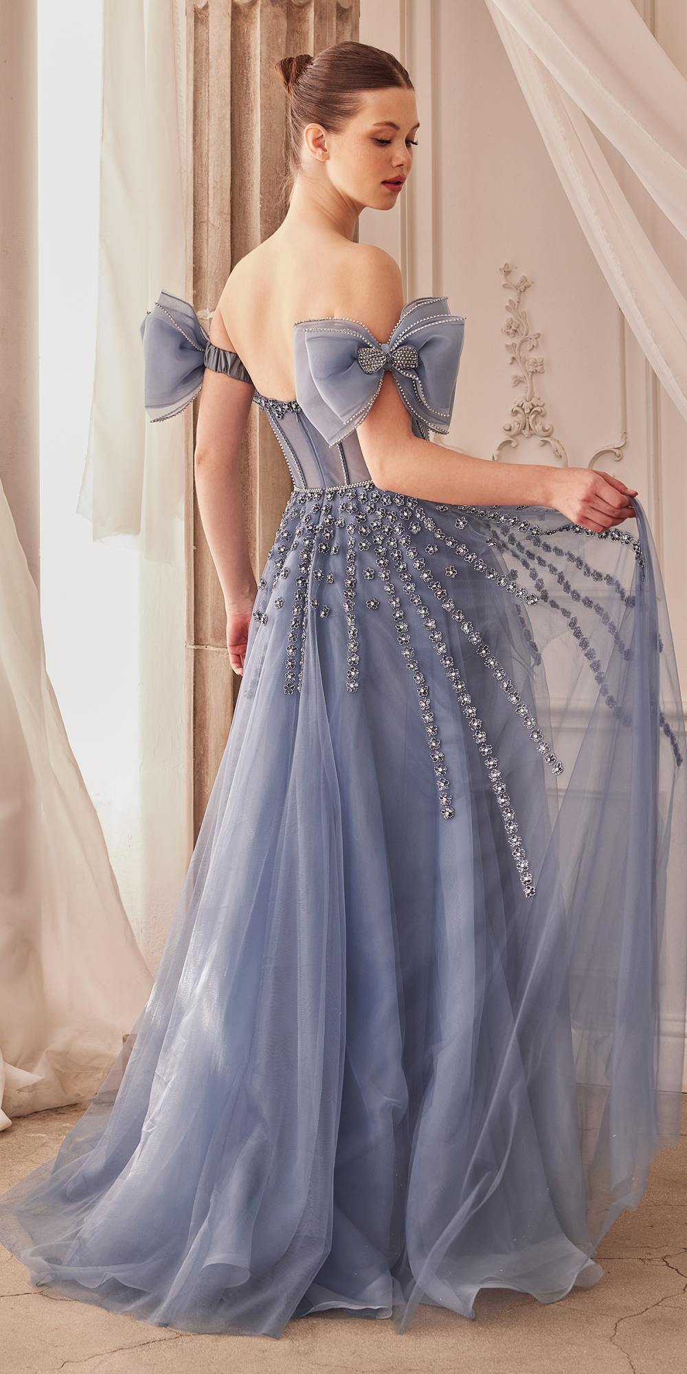 Andrea &amp; Leo A1338 Long Strapless Beaded Gown with Bow Arm Bands