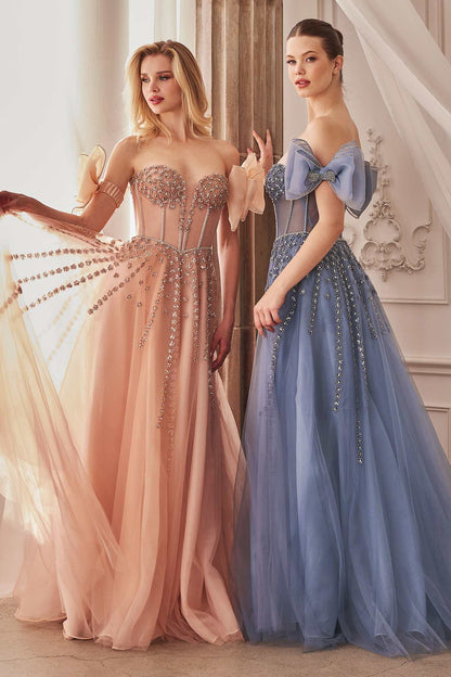Andrea &amp; Leo A1338 Long Strapless Beaded Gown with Bow Arm Bands