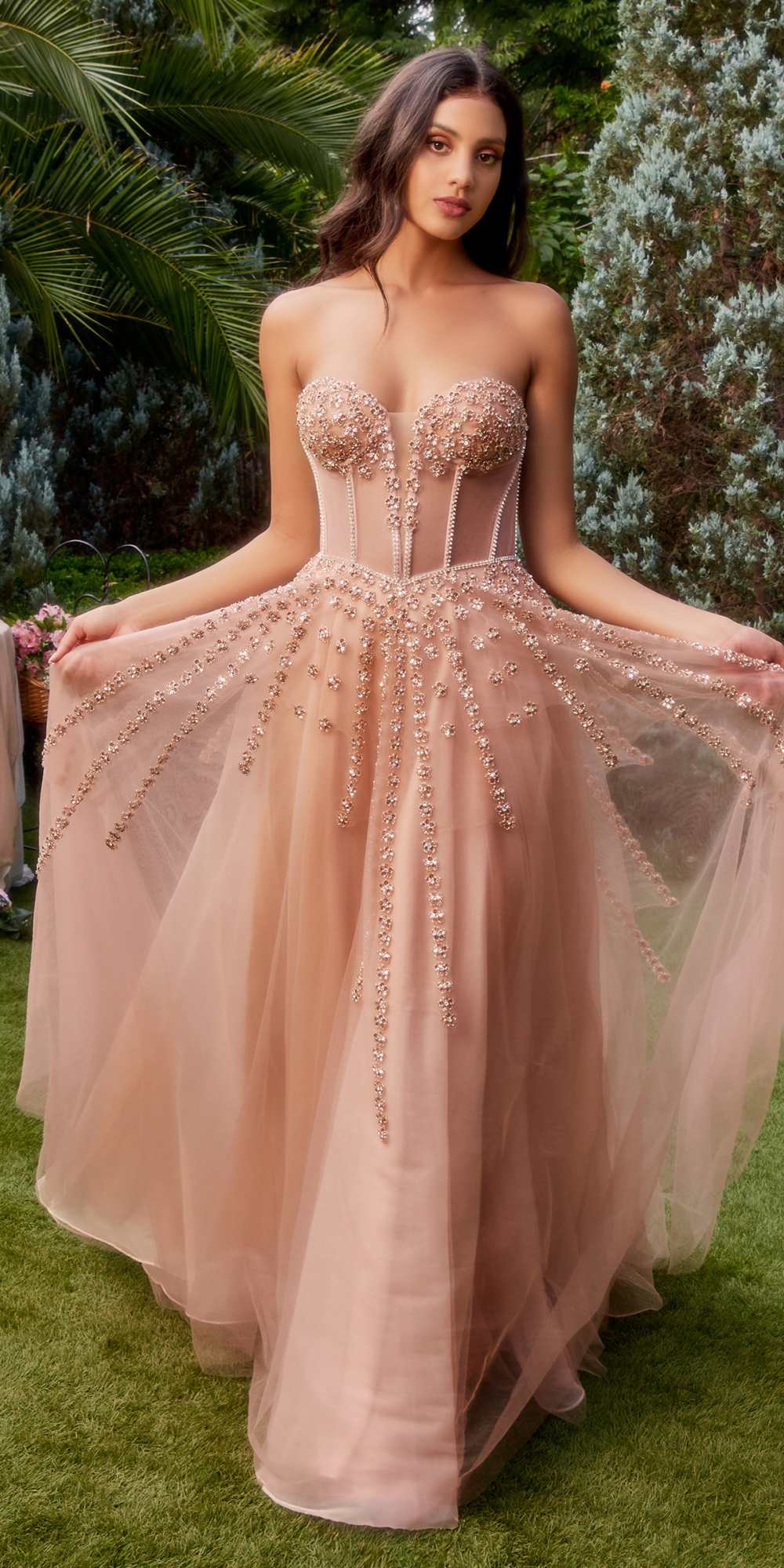 Andrea &amp; Leo A1338 Long Strapless Beaded Gown with Bow Arm Bands
