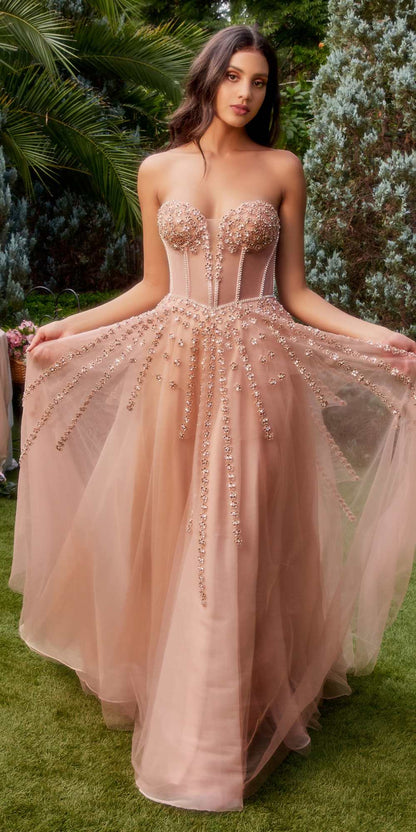 Andrea &amp; Leo A1338 Long Strapless Beaded Gown with Bow Arm Bands