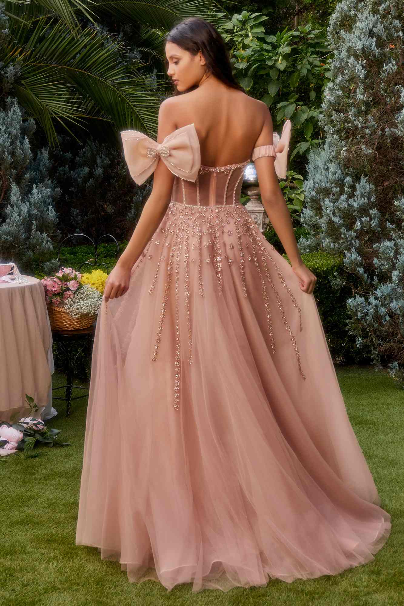 Andrea &amp; Leo A1338 Long Strapless Beaded Gown with Bow Arm Bands
