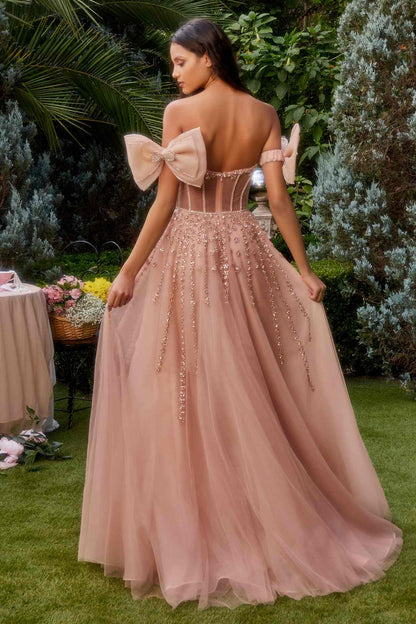 Andrea &amp; Leo A1338 Long Strapless Beaded Gown with Bow Arm Bands