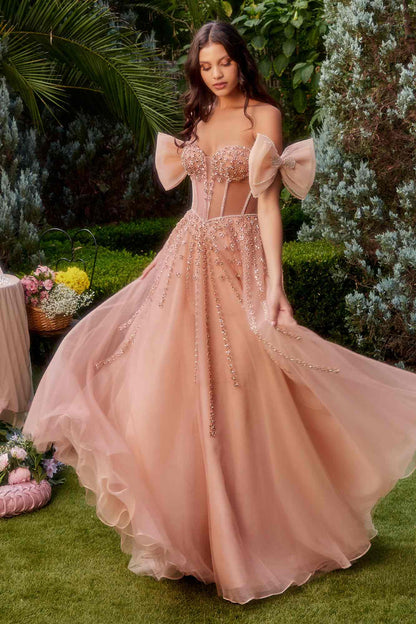 Andrea &amp; Leo A1338 Long Strapless Beaded Gown with Bow Arm Bands