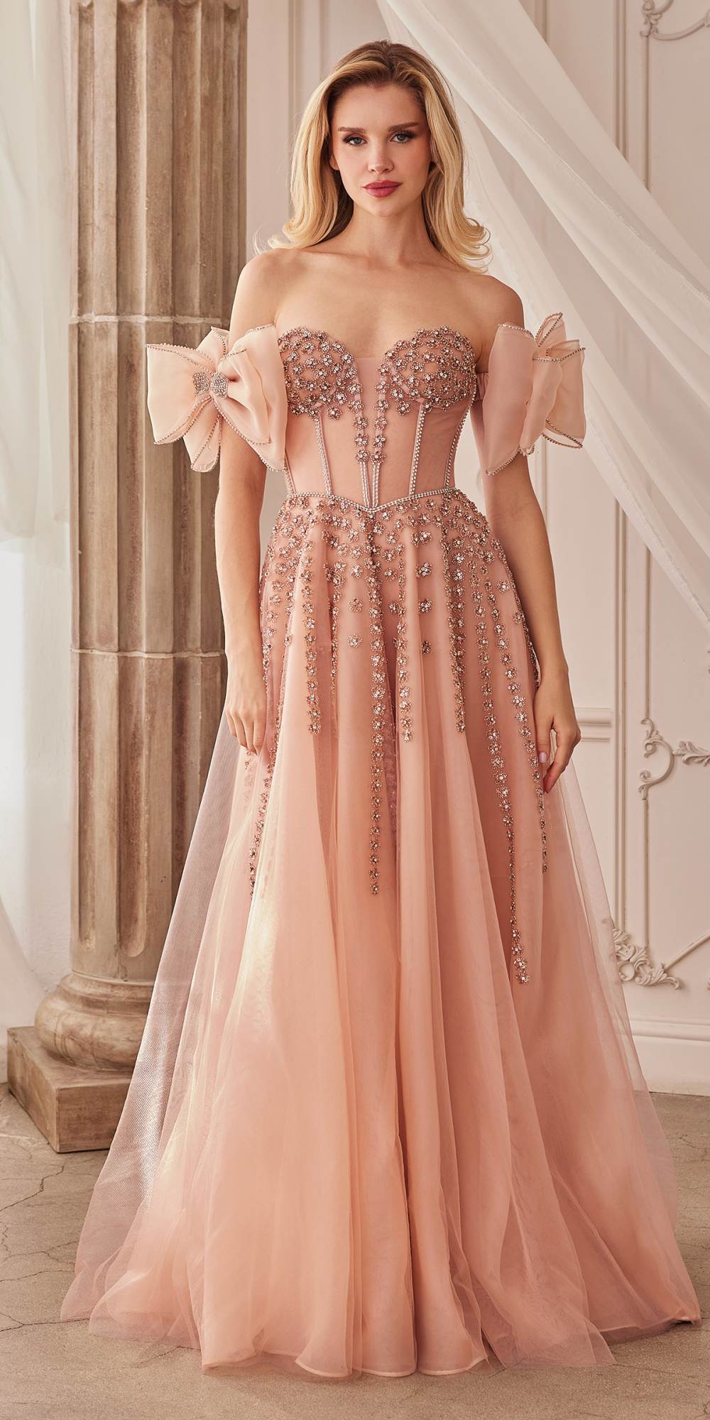 Andrea &amp; Leo A1338 Long Strapless Beaded Gown with Bow Arm Bands