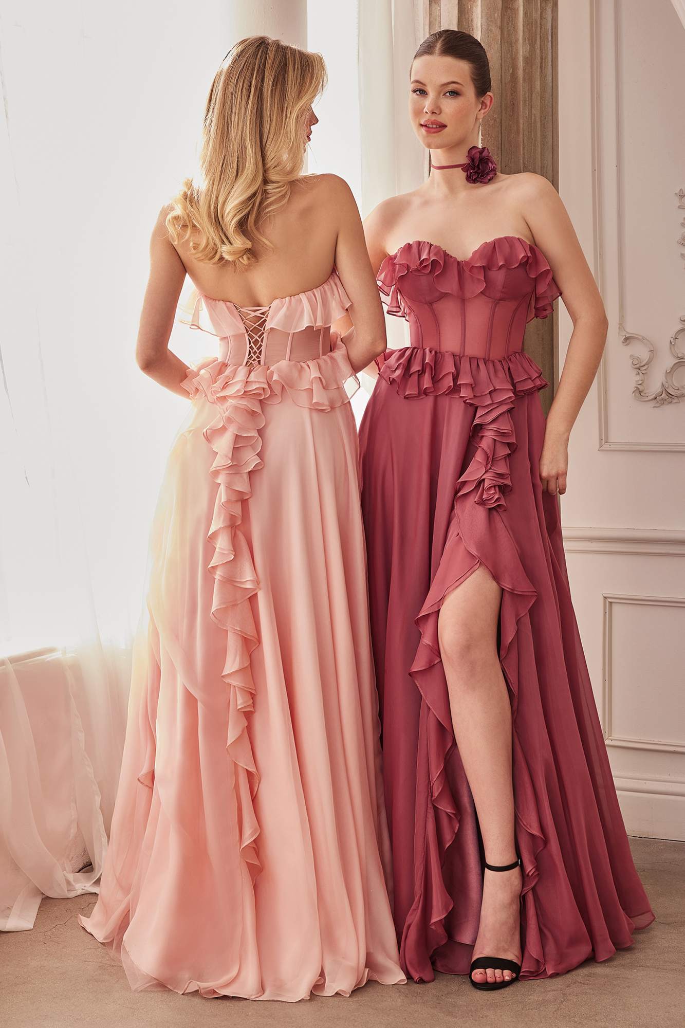 Andrea &amp; Leo A1341 Long Strapless Chiffon Ruffle A-Line Dress