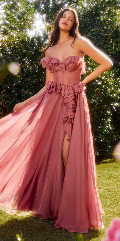 Andrea &amp; Leo A1341 Long Strapless Chiffon Ruffle A-Line Dress