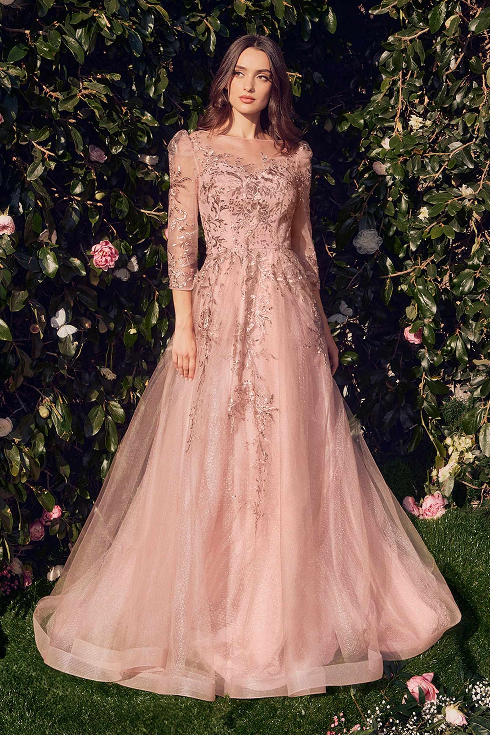 Andrea &amp; Leo A1352 Three Quarter Sleeve Lace &amp; Tulle Ball Gown
