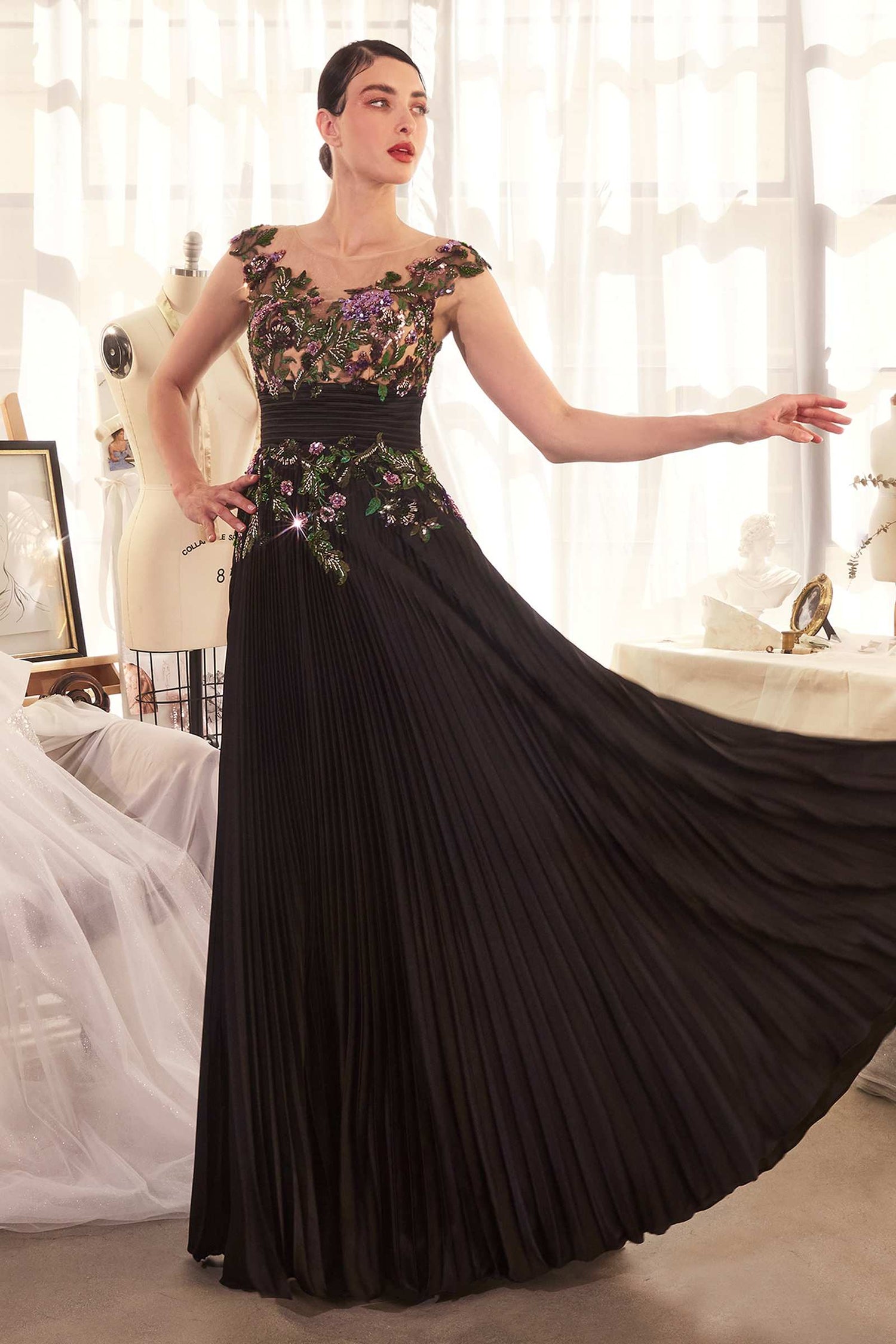 Andrea &amp; Leo A1355 Dress Pleated Satin &amp; Embellished A-Line Gown