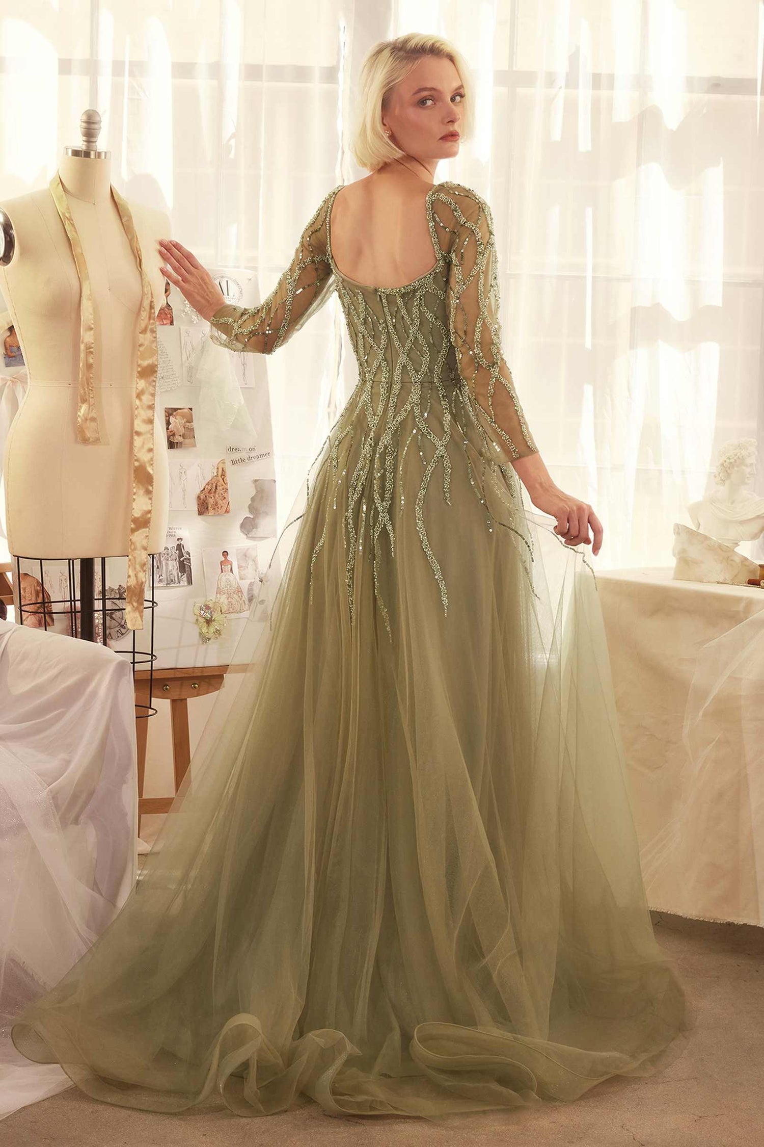 Andrea &amp; Leo A1367 Dress Sequin Embellished Long Sleeve A-Line Gown