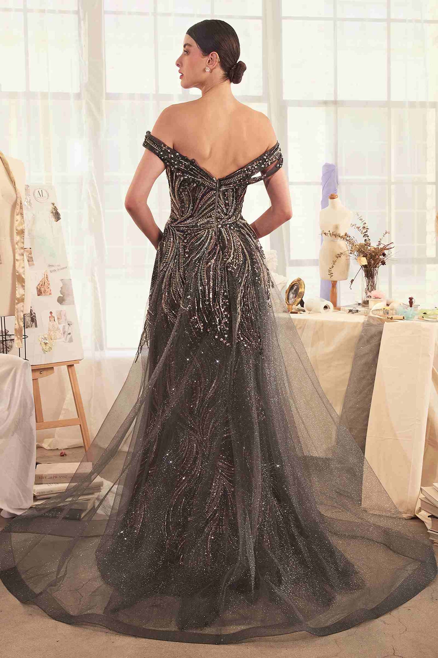 Andrea &amp; Leo A1375 Dress Off The Shoulder Beaded Gown &amp; Overskirt