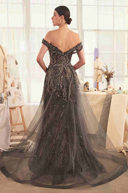 Andrea &amp; Leo A1375 Dress Off The Shoulder Beaded Gown &amp; Overskirt