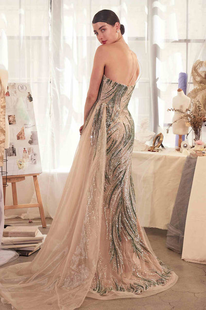 Andrea &amp; Leo A1376 Dress One Shoulder Fitted Embellished Gown &amp; Overskirt