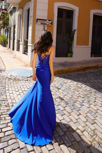Nox Anabel A1382 Long Floral Applique Bodice Fitted Satin Gown by DiscountDressShop