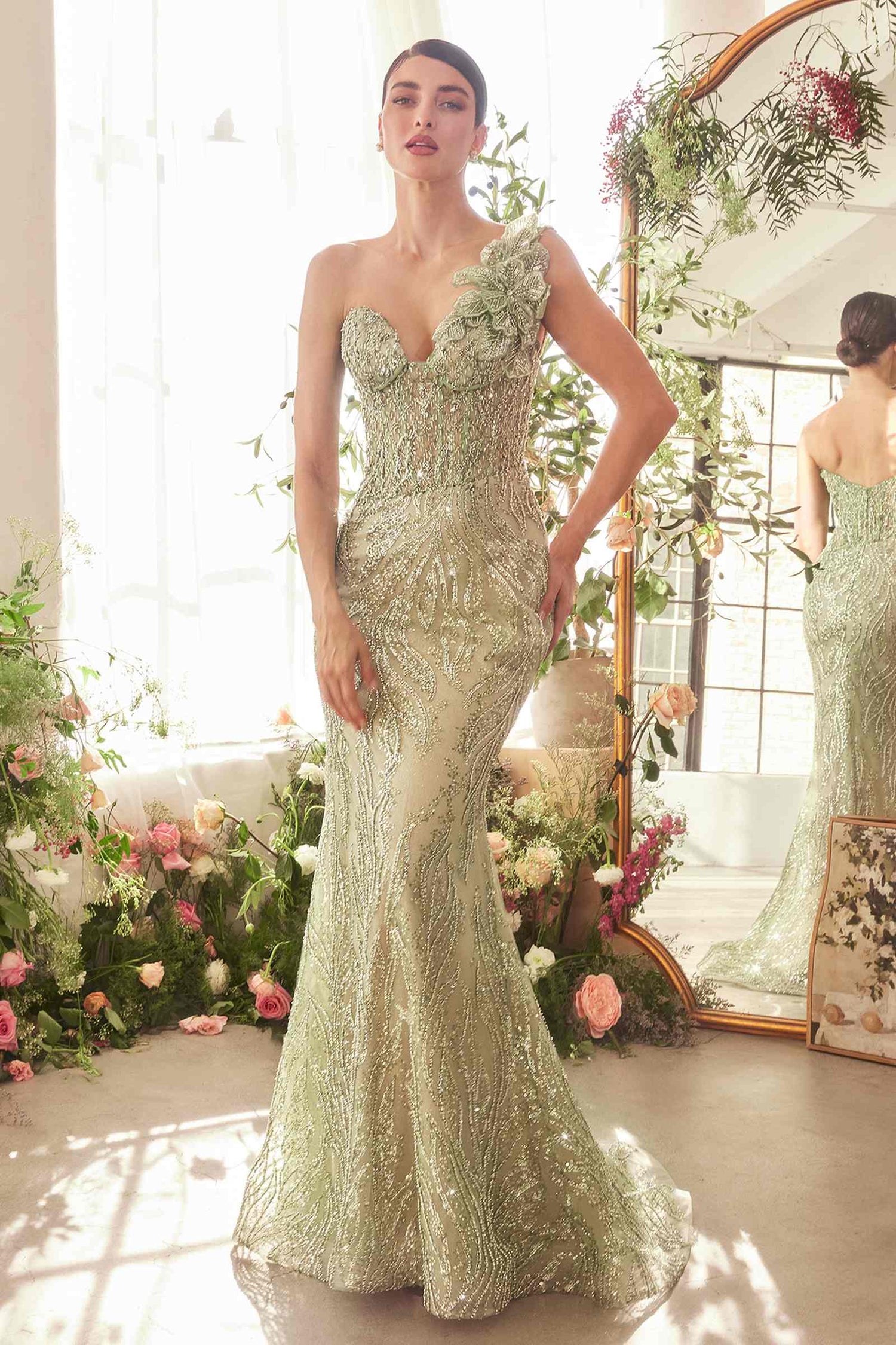 Andrea &amp; Leo A1392 Dress One Shoulder Fully Beaded Floral Motif Gown