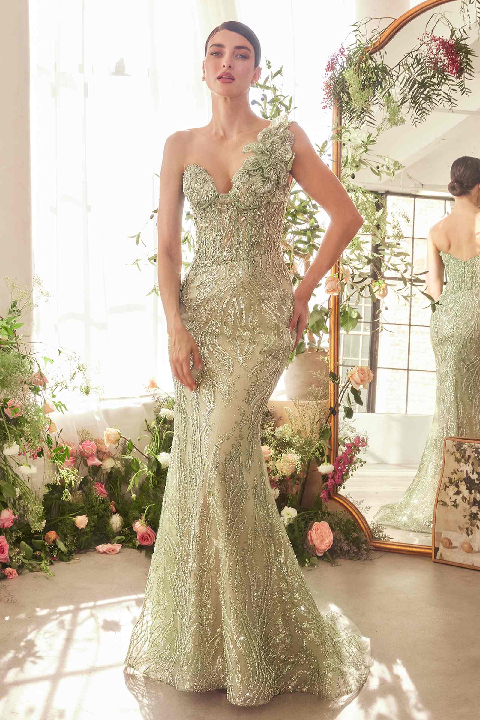 Andrea &amp; Leo A1392 Dress One Shoulder Fully Beaded Floral Motif Gown