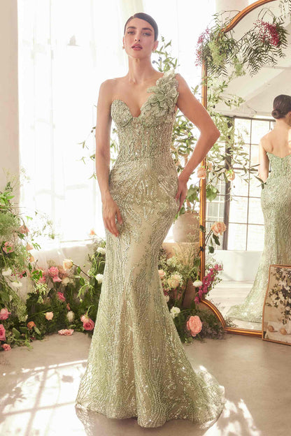 Andrea &amp; Leo A1392 Dress One Shoulder Fully Beaded Floral Motif Gown