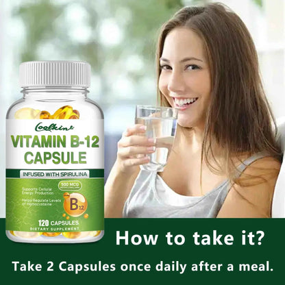 Vitamin B12 Capsules - with Organic Spirulina - Supports Energy Metabolism, Mood, Heart and Nervous System Health - 120 Capsules