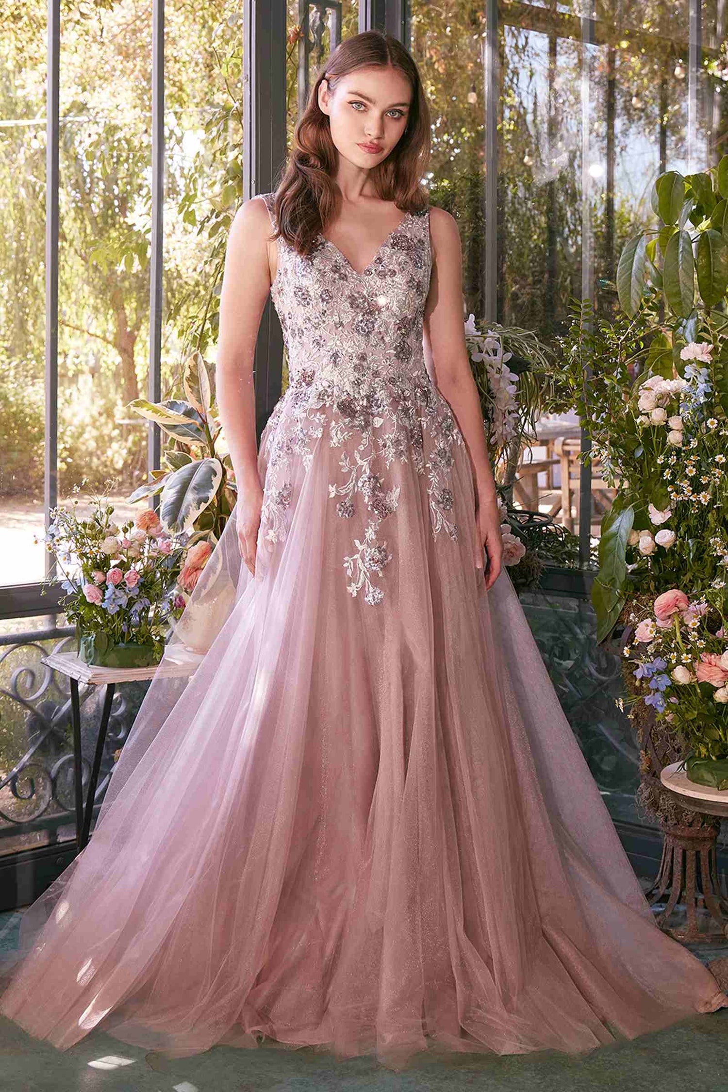 Andrea &amp; Leo A1401 Dress Sequin Bouquet V-Neck Gown