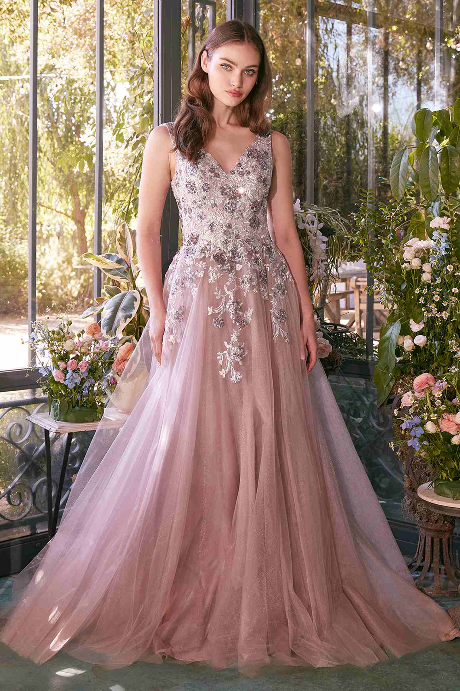 Andrea &amp; Leo A1401 Dress Sequin Bouquet V-Neck Gown
