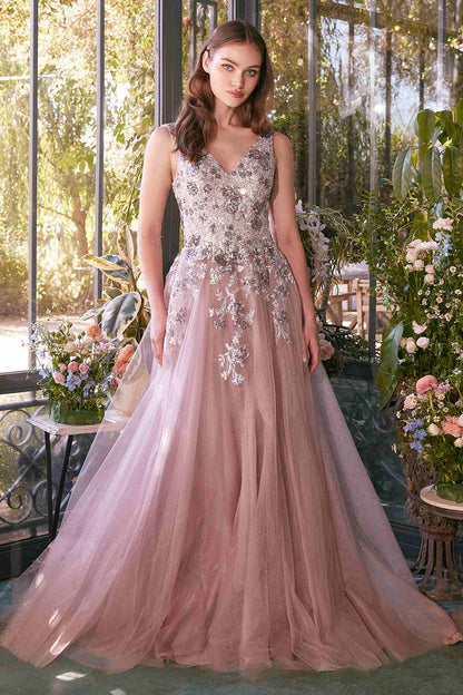Andrea &amp; Leo A1401 Dress Sequin Bouquet V-Neck Gown