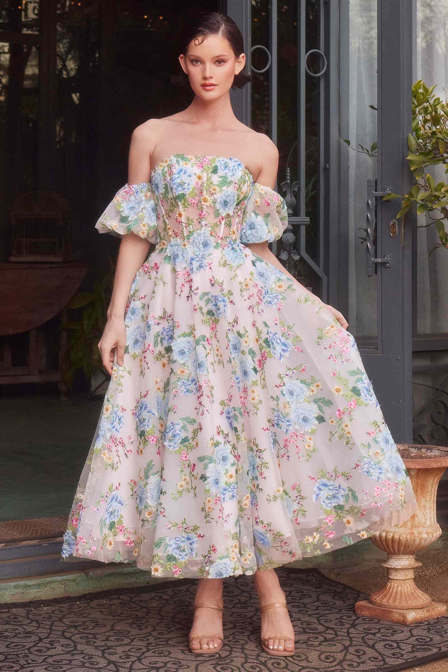 Andrea &amp; Leo A1406 Dress Floral Print Strapless Tea Length A-Line Dress