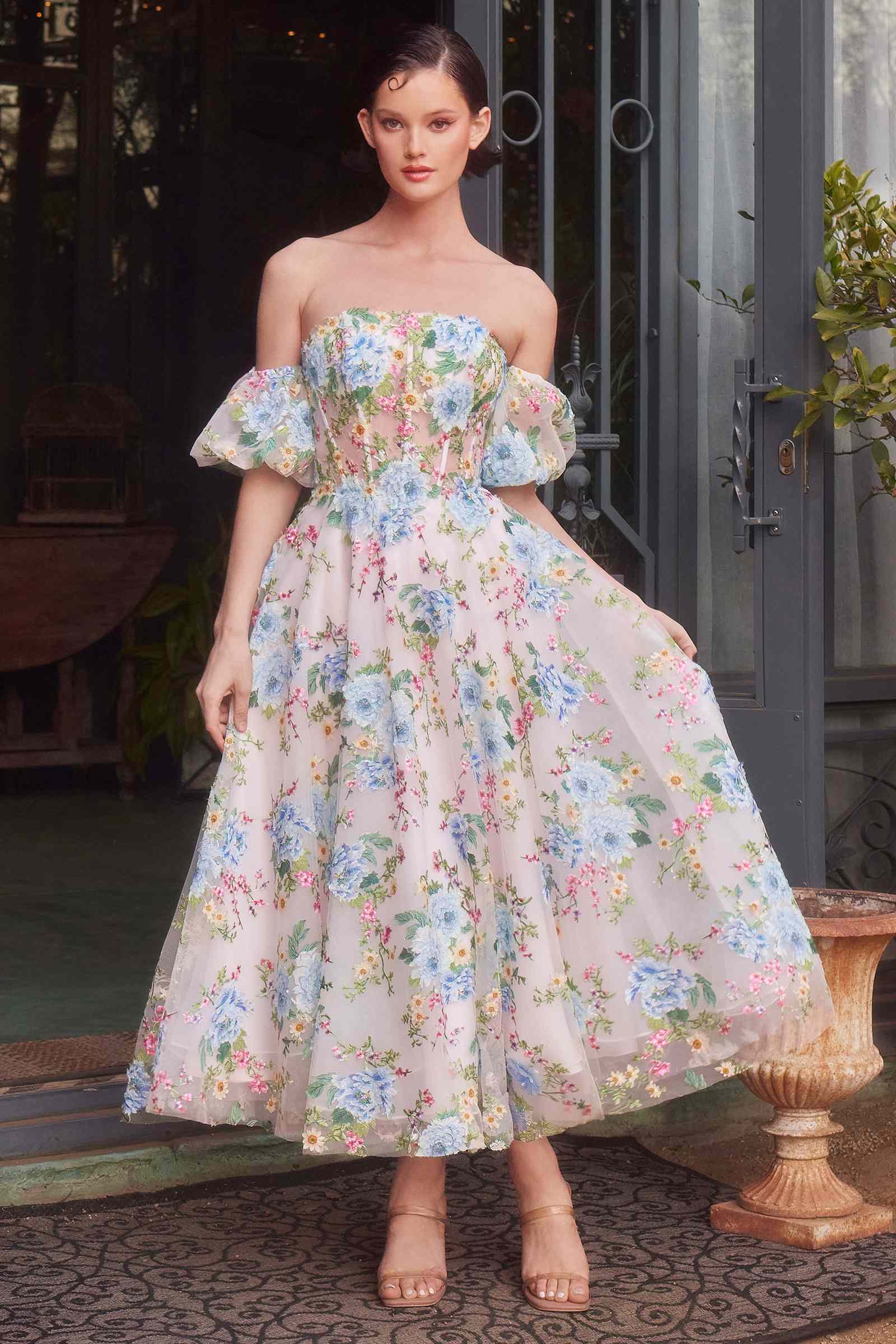 Andrea &amp; Leo A1406 Dress Floral Print Strapless Tea Length A-Line Dress