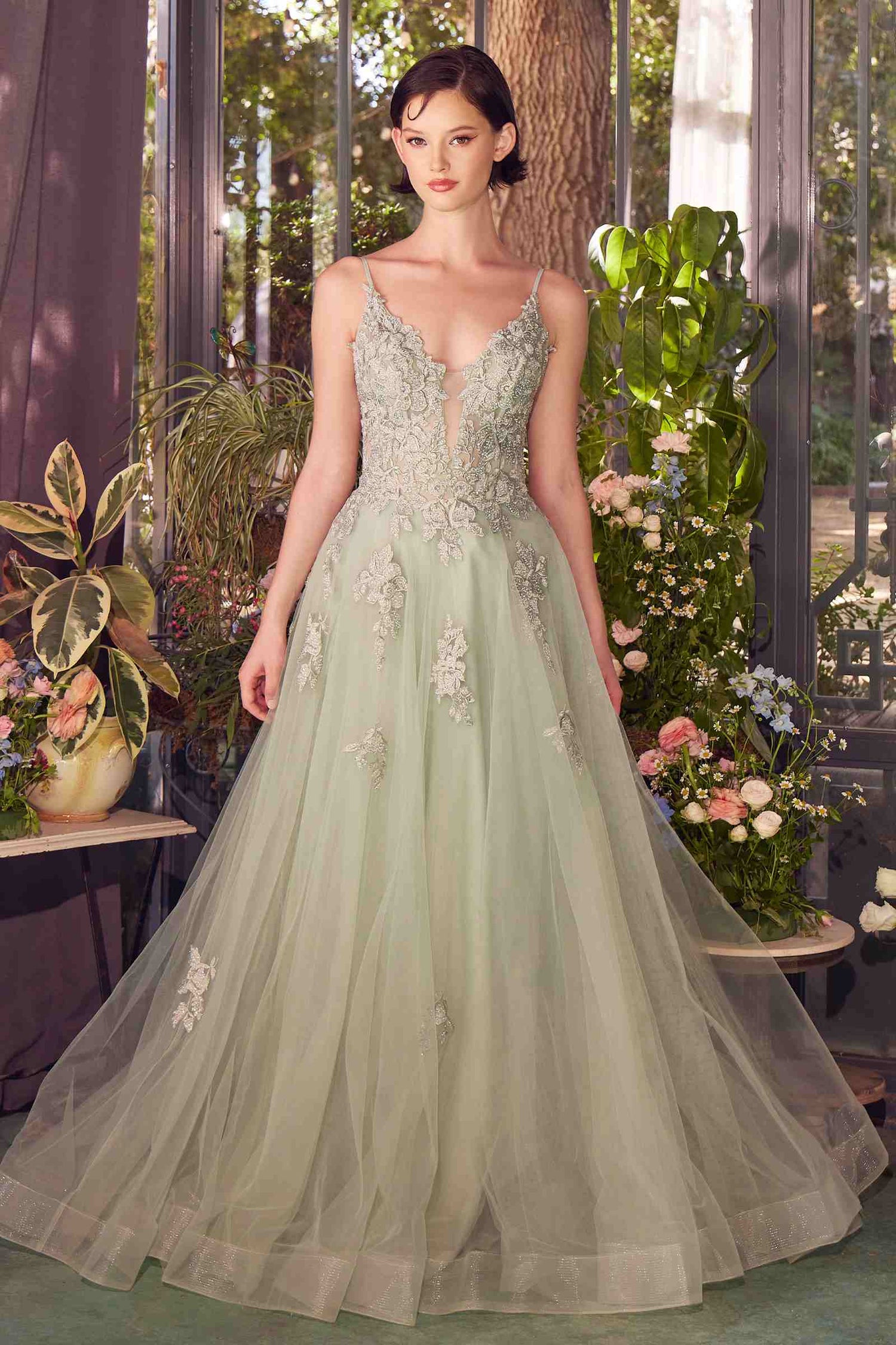 Andrea &amp; Leo A1417 Dress Lace Appliqued A-Line Layered Tulle Gown
