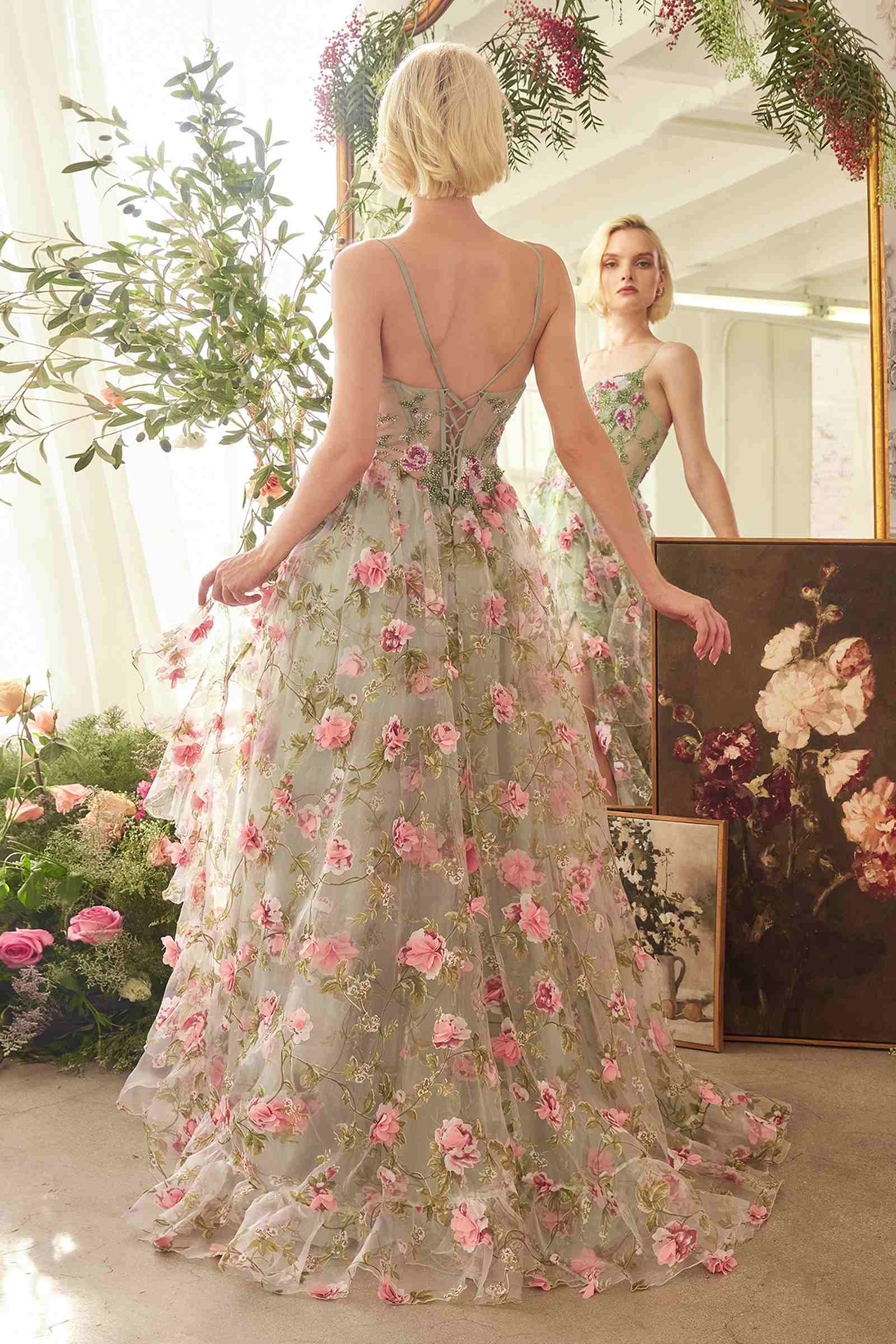 Andrea &amp; Leo A1420 Dress Sage Floral Print Layered A-Line Gown