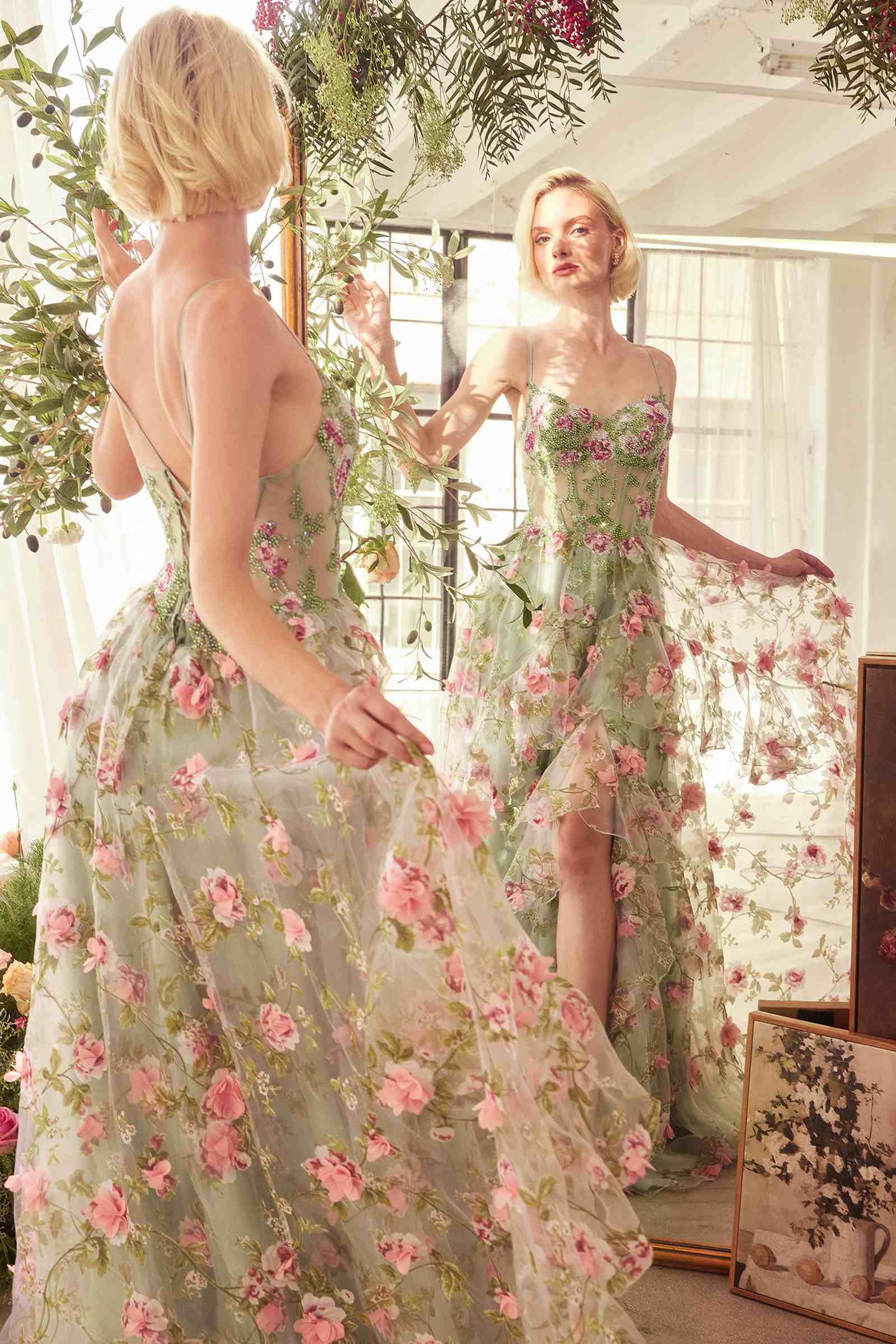 Andrea &amp; Leo A1420 Dress Sage Floral Print Layered A-Line Gown