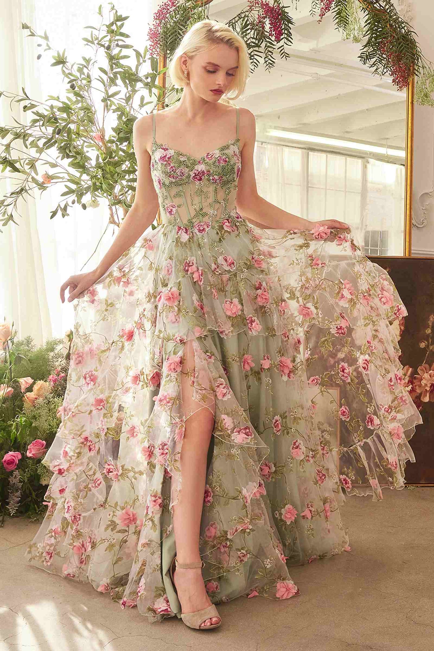 Andrea &amp; Leo A1420 Dress Sage Floral Print Layered A-Line Gown