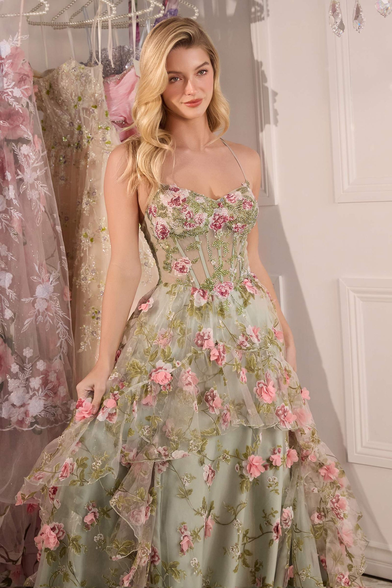 Andrea &amp; Leo A1420 Dress Sage Floral Print Layered A-Line Gown