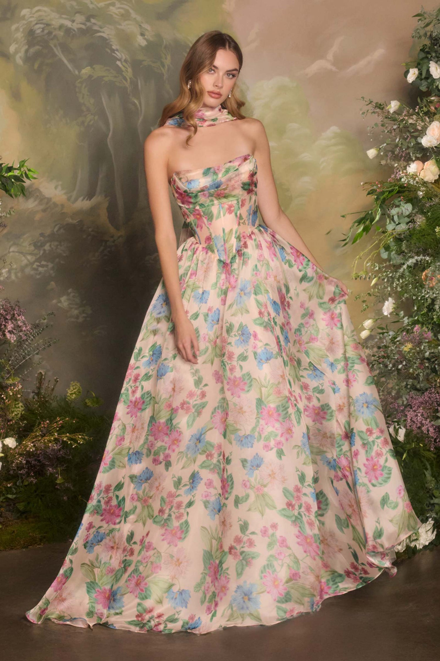Andrea &amp; Leo A1425 Long A-Line Strapless Corset Bodice Floral Print Gown