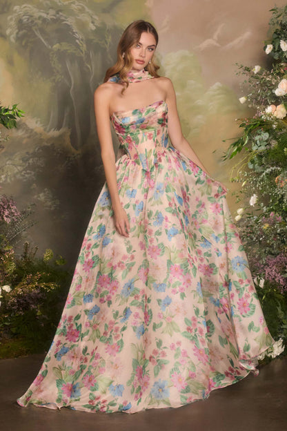 Andrea &amp; Leo A1425 Long A-Line Strapless Corset Bodice Floral Print Gown