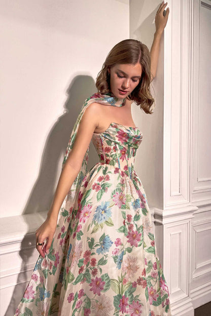 Andrea &amp; Leo A1425 Long A-Line Strapless Corset Bodice Floral Print Gown