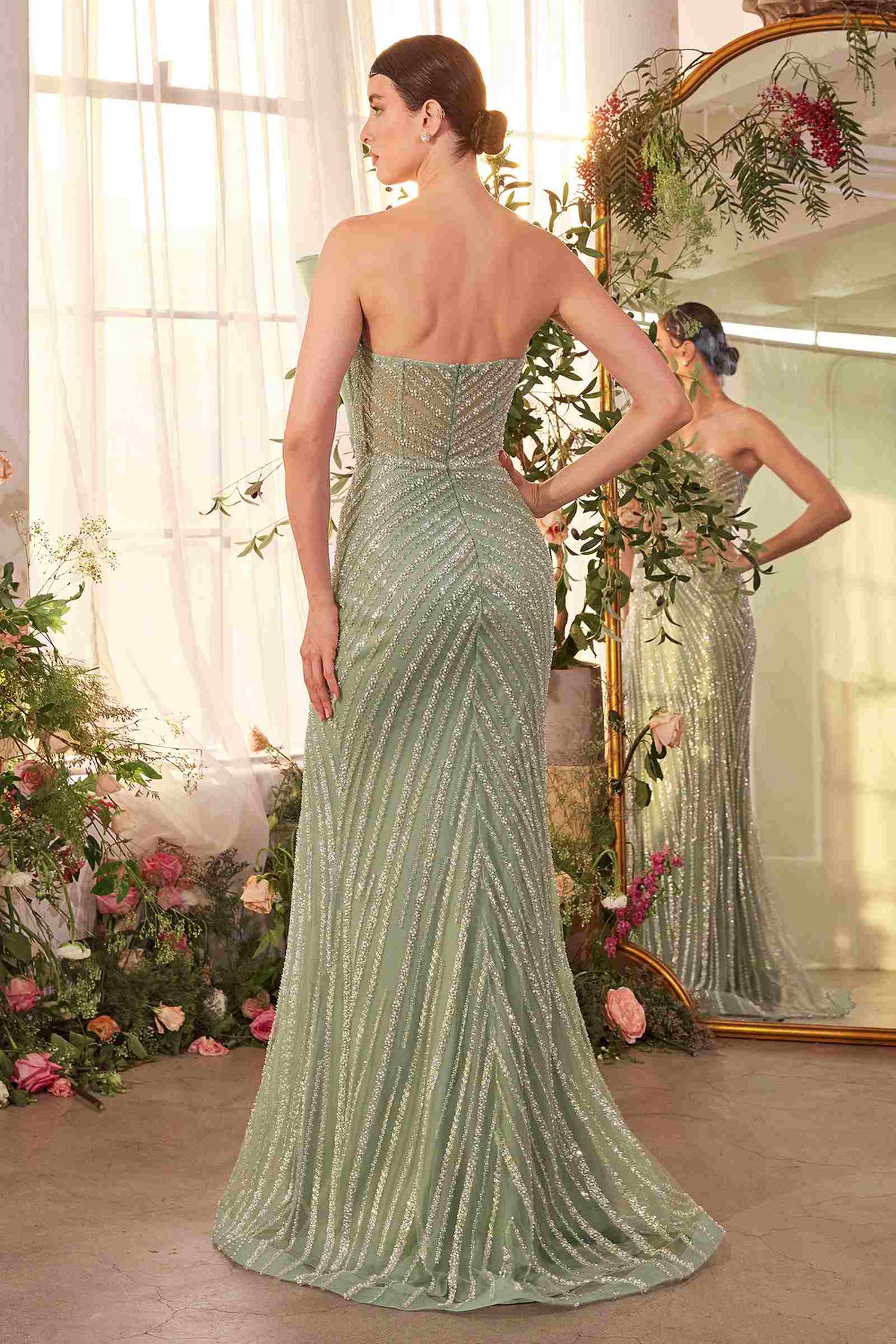 Andrea &amp; Leo A1436 Dress Pleated Fan Bodice Fitted Pearl Gown