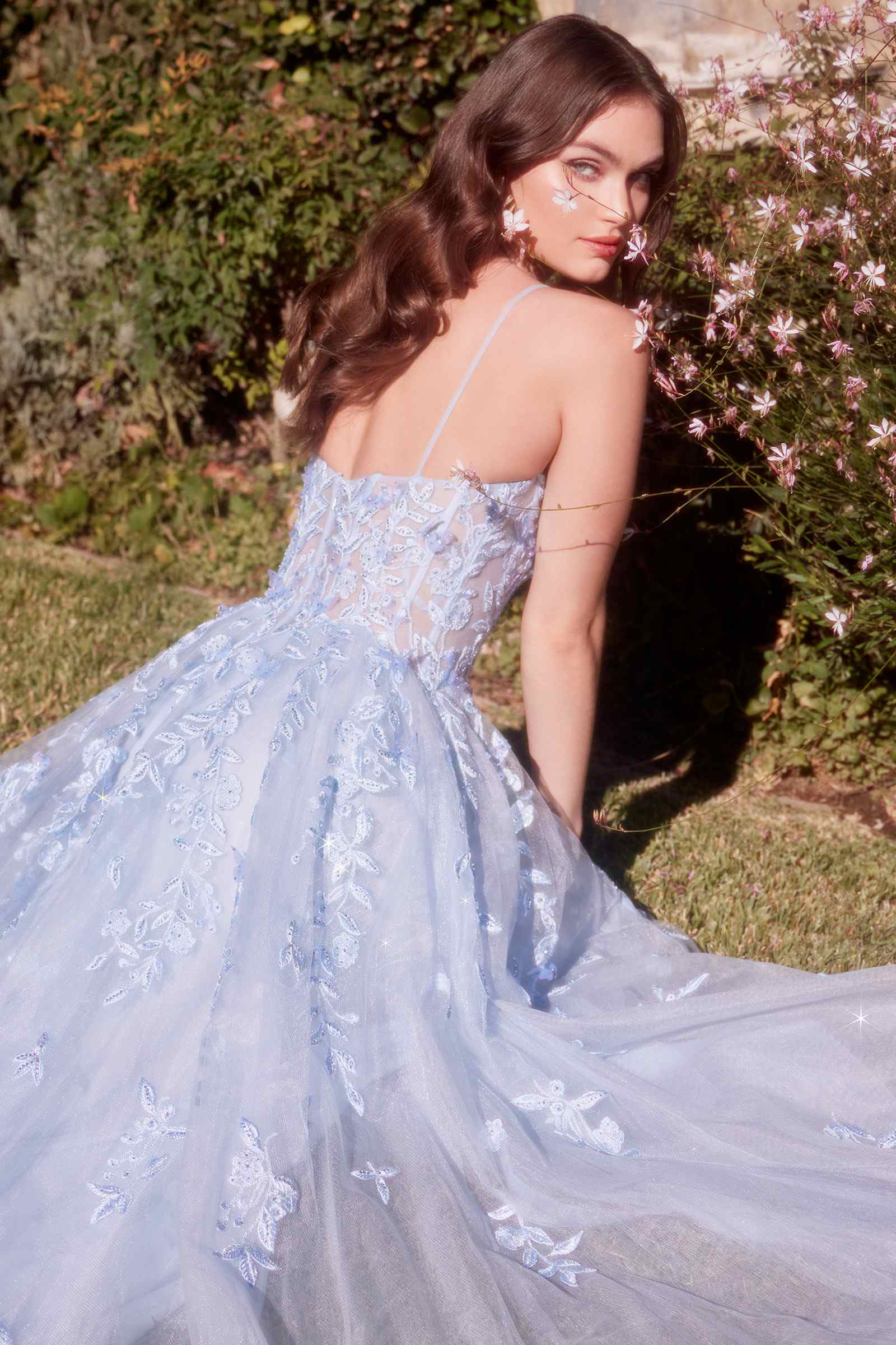Andrea &amp; Leo A1437 Dress Light Blue Leaf Motif Appliqued A-Line Gown