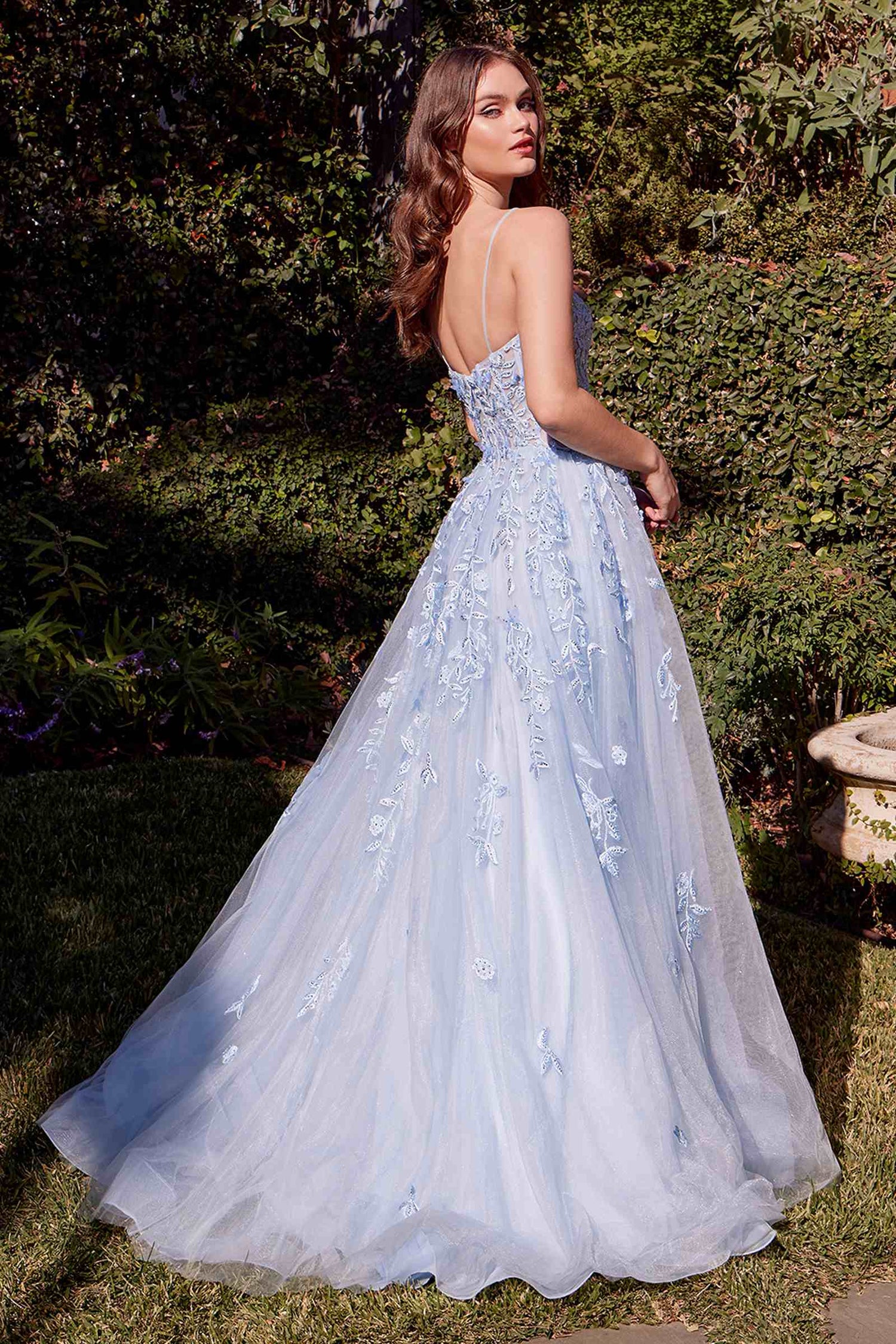 Andrea &amp; Leo A1437 Dress Light Blue Leaf Motif Appliqued A-Line Gown