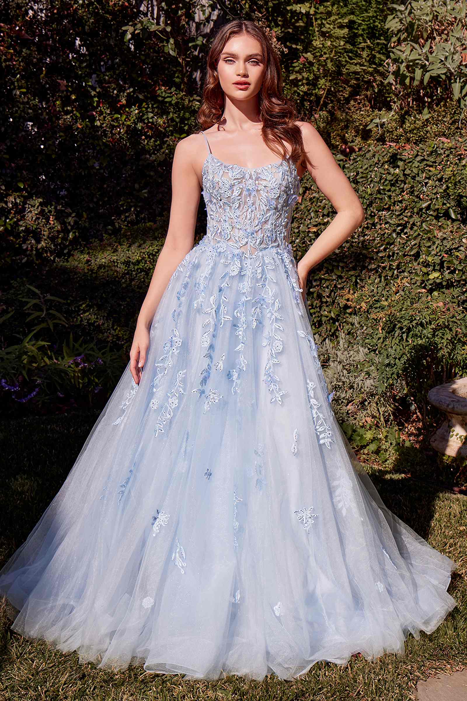 Andrea &amp; Leo A1437 Dress Light Blue Leaf Motif Appliqued A-Line Gown