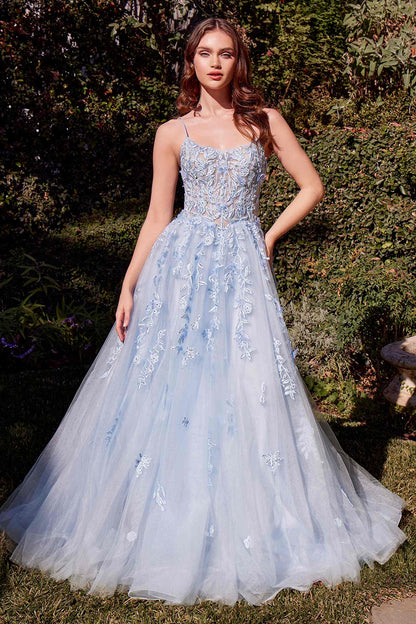 Andrea &amp; Leo A1437 Dress Light Blue Leaf Motif Appliqued A-Line Gown