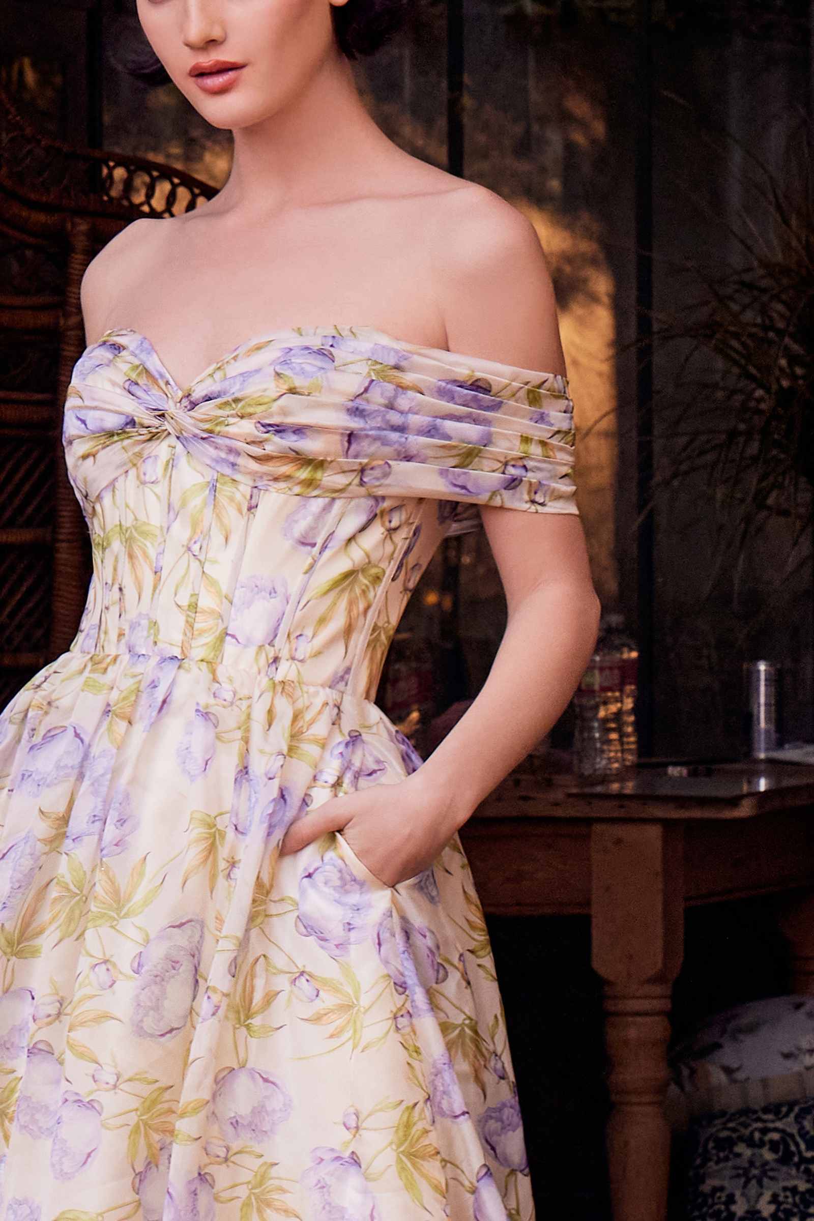 Andrea &amp; Leo A1466 Dress Floral Printed Off The Shoulder A-Line Gown