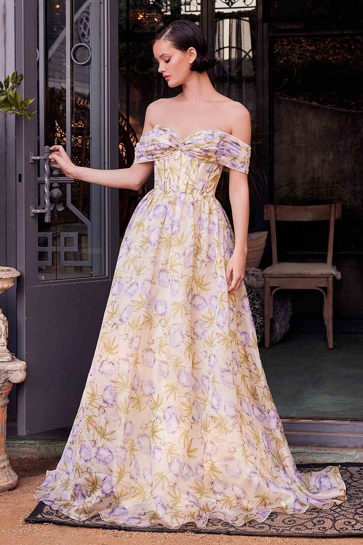 Andrea &amp; Leo A1466 Dress Floral Printed Off The Shoulder A-Line Gown