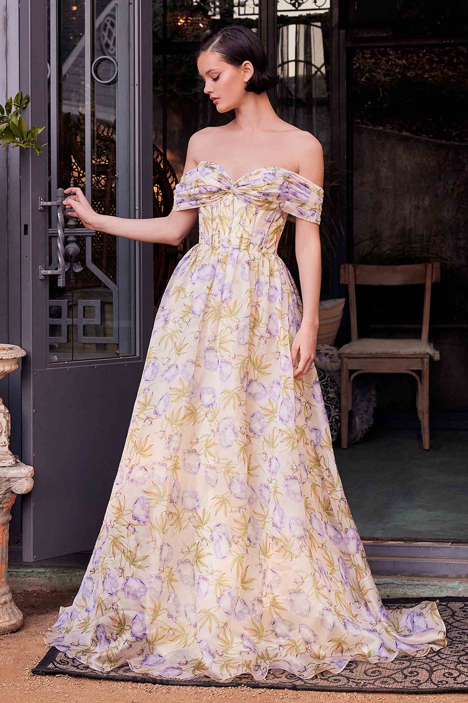 Andrea &amp; Leo A1466 Dress Floral Printed Off The Shoulder A-Line Gown
