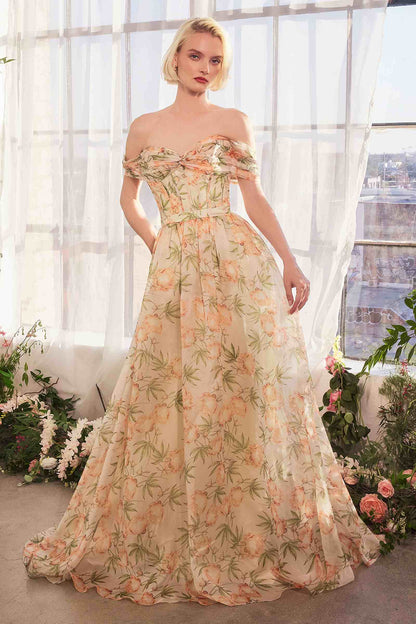 Andrea &amp; Leo A1466 Dress Floral Printed Off The Shoulder A-Line Gown
