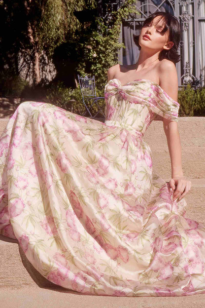 Andrea &amp; Leo A1466 Dress Floral Printed Off The Shoulder A-Line Gown
