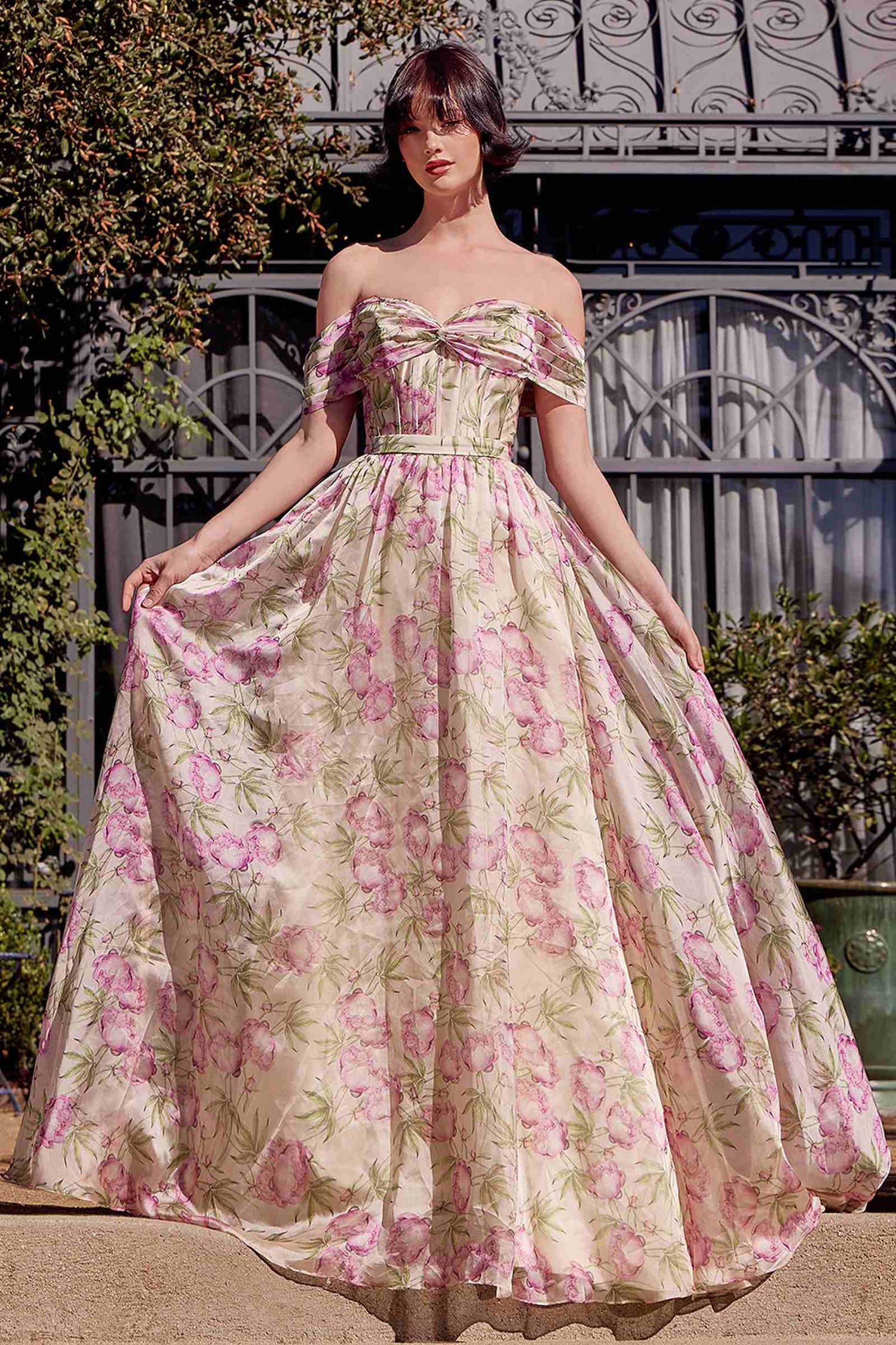 Andrea &amp; Leo A1466 Dress Floral Printed Off The Shoulder A-Line Gown