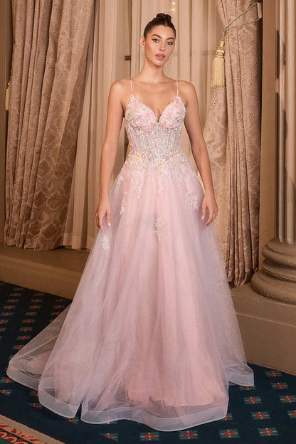 Andrea &amp; Leo A1477 Deep V-Neck Floral Print Applique A-Line Ball Gown