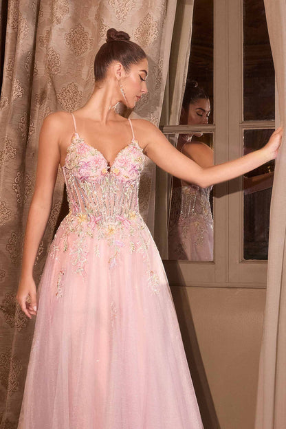 Andrea &amp; Leo A1477 Deep V-Neck Floral Print Applique A-Line Ball Gown