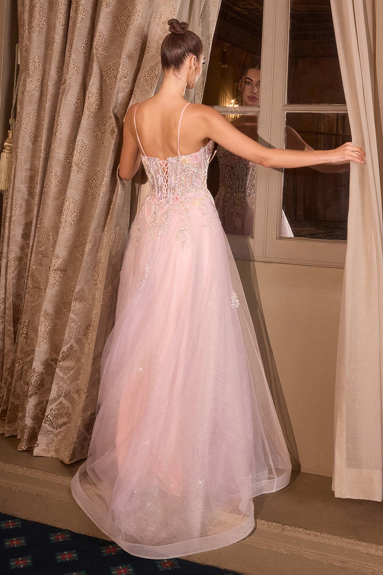 Andrea &amp; Leo A1477 Deep V-Neck Floral Print Applique A-Line Ball Gown
