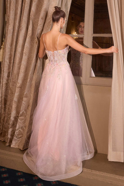 Andrea &amp; Leo A1477 Deep V-Neck Floral Print Applique A-Line Ball Gown